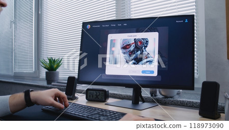 Adult man types prompt in artificial intelligence chatbot on PC. Adult man types prompt in artificial intelligence chatbot on PC. 118973090