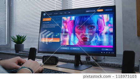 AI chatbot generate detailed image of cyberpunk girl on personal computer 118973103