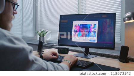 Adult man enters text in AI image generator. Detailed image of anime cyberpunk girl 118973142