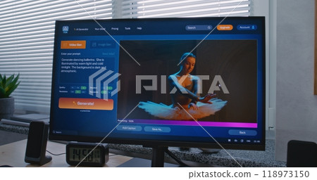 Adult woman enters prompt in AI chatbot on personal computer 118973150