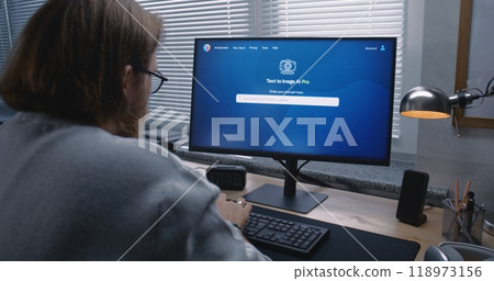 Adult man enters prompt in AI chatbot on personal computer Adult man enters prompt in AI chatbot on personal computer 118973156