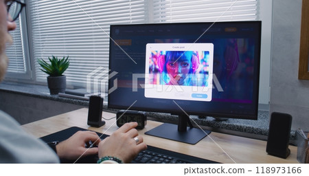 AI chatbot generate detailed image of cyberpunk girl on personal computer AI chatbot generate detailed image of cyberpunk girl on personal computer 118973166