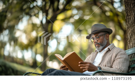 A man reading with a park bench 118973195