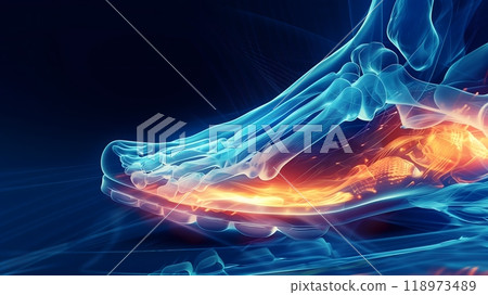 Foot - An anatomical illustration of a foot highlighting the bones and tissues 118973489