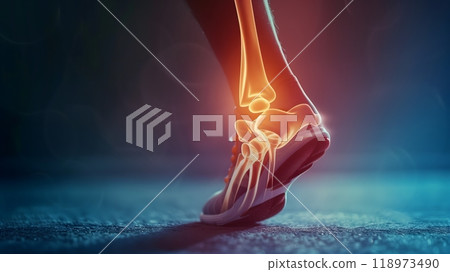 Foot - An illustration of a foot in a shoe with an overlay of a glowing anatomical diagram	 118973490