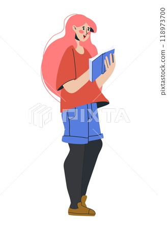 Girl reading book. Woman hold textbook, modern standing teen character. Education concept. Interesting literature. Bookstore or library bookworm people. Vector cartoon flat style isolated illustration Girl reading book. Woman hold textbook, modern standing teen character. Education concept. Interesting literature. Bookstore or library bookworm people. Vector cartoon flat style isolated illustration 118973700
