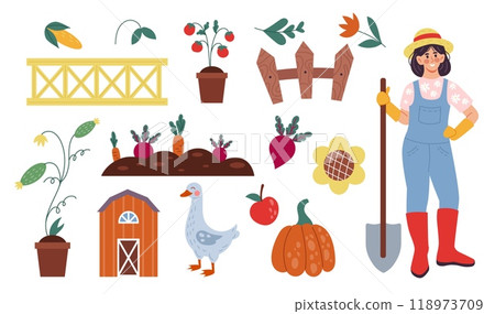 House farm. Cute gardener. Happy agriculture worker. Care of domestic animals. Farmers grow vegetables. Goose bird. Organic products. Home garden harvest. Fence and barn. Vector farming elements set 118973709