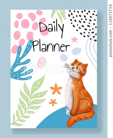 Flower background. Daily planner. Organizer book cover. Floral doodle shapes. Cute cat. Simple kids drawing. Natural scribble leaves. Summer blossoms. Organic blobs. Vector botanical banner design Flower background. Daily planner. Organizer book cover. Floral doodle shapes. Cute cat. Simple kids drawing. Natural scribble leaves. Summer blossoms. Organic blobs. Vector botanical banner design 118973719