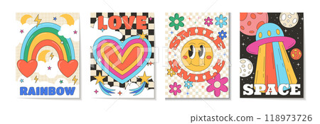 Retro psychedelic card. Alien landscape. Groovy rainbow. Space rocket. Smile flower. Crazy flower. Abstract happy Y2K art. Hippie sticker. Cute acid background. Vector garish 70s print posters set Retro psychedelic card. Alien landscape. Groovy rainbow. Space rocket. Smile flower. Crazy flower. Abstract happy Y2K art. Hippie sticker. Cute acid background. Vector garish 70s print posters set 118973726
