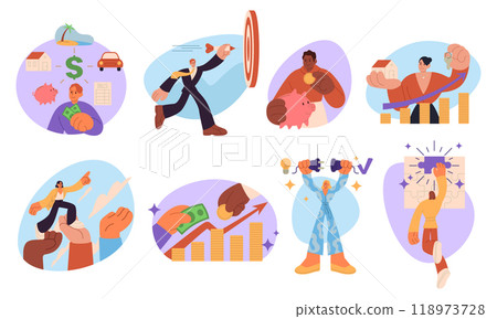 Money invest. Save salary. Financial growth budget. Bank graph business. Strategy to increase capital. Finance winner. Business target. Puzzle solution. Startup idea. Vector work success concepts set Money invest. Save salary. Financial growth budget. Bank graph business. Strategy to increase capital. Finance winner. Business target. Puzzle solution. Startup idea. Vector work success concepts set 118973728