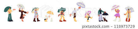 People walk umbrellas. Stormy wet weather. Man in coat. Woman standing in rain. Autumn street. Season shower. Character outdoor under monsoon fall. Dog in puddle. Summer rainfall. Vector persons set 118973729