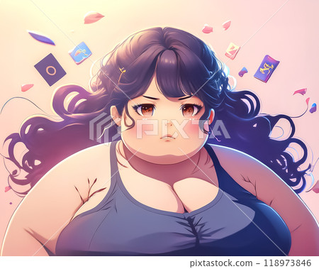 Image of a fat woman who is worried about her figure 118973846