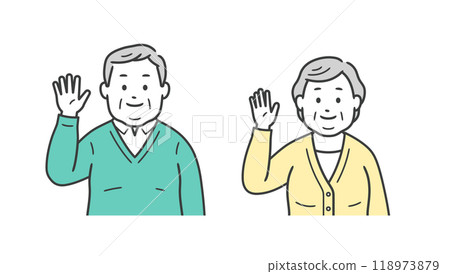 Upper body illustration of an elderly chubby man and woman raising one hand to greet Upper body illustration of an elderly chubby man and woman raising one hand to greet 118973879