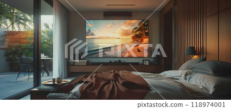 Modern House - Elegant bedroom with beach view, featuring a sunset painting and warm lighting Modern House - Elegant bedroom with beach view, featuring a sunset painting and warm lighting 118974001