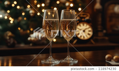 Two glasses of champagne on table in room decorated for Christmas and New Year 118974230