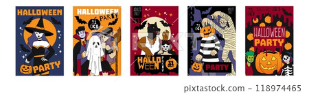 Halloween banner. Holiday party. October celebration card. Event invitation. Cartoon people in masquerade costumes. Carnival autumn flyer template. Spooky characters. Vector advertising posters set Halloween banner. Holiday party. October celebration card. Event invitation. Cartoon people in masquerade costumes. Carnival autumn flyer template. Spooky characters. Vector advertising posters set 118974465
