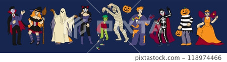 Halloween people. Holiday costume. Spooky ghost. Vampire man. Witch and scary mummy. Woman in princess dress. Character skeleton. Masquerade group. Carnival party clothing. Vector autumn monsters set 118974466