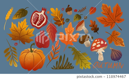 Autumn food, yellow leaves, different mushrooms. Organic fruit pomegranate and fig, leaf abstract, holiday pattern nature. Harvest pumpkin. Plant watercolor, texture tree, art fall. Vector background 118974467