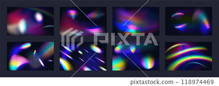 Light flare prism. Rainbow sparkle. Color crystal. Diamond reflection effect. Luminous ray spectrum. Abstract photo overlay. Burst flash. Defocused blur iridescent. Vector gradient backgrounds set Light flare prism. Rainbow sparkle. Color crystal. Diamond reflection effect. Luminous ray spectrum. Abstract photo overlay. Burst flash. Defocused blur iridescent. Vector gradient backgrounds set 118974469