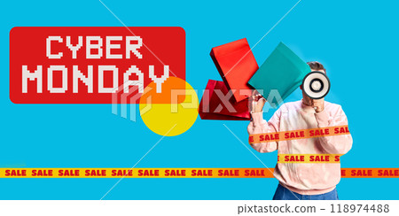 Poster. Contemporary art collage. Person with shopping bags shouting megaphone. that sales season start. Go shopping now. Poster. Contemporary art collage. Person with shopping bags shouting megaphone. that sales season start. Go shopping now. 118974488