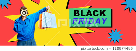 Poster. Contemporary art collage. Man in blue hoodie with megaphone holding shopping bags, set against vibrant yellow and red background. Poster. Contemporary art collage. Man in blue hoodie with megaphone holding shopping bags, set against vibrant yellow and red background. 118974496