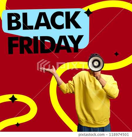 Poster. Contemporary art collage. Man with megaphone gesturing to the text, urging shoppers to take advantage of sales. Poster. Contemporary art collage. Man with megaphone gesturing to the text, urging shoppers to take advantage of sales. 118974501