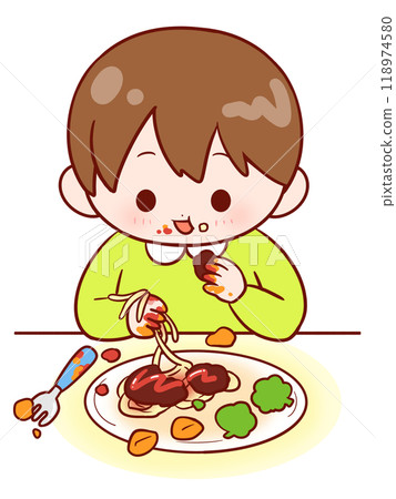 一個男孩用手吃飯 一個男孩用手吃飯 118974580