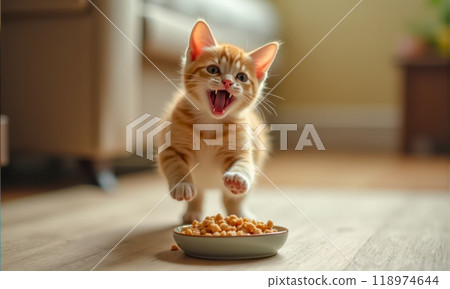 Excited orange striped kitten jumping towards bowl of food on wooden floor in home setting, displaying eagerness and playful energy in domestic environment 118974644
