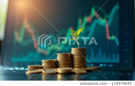 Green plant sprouting from coin stack against blurred stock market chart background symbolizing investment growth, financial success, and sustainable economy Green plant sprouting from coin stack against blurred stock market chart background symbolizing investment growth, financial success, and sustainable economy 118974645