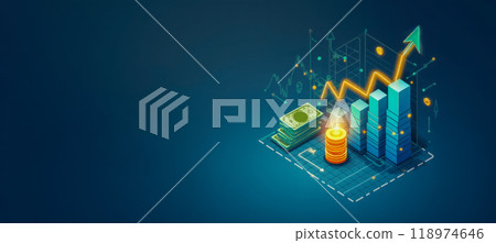 Financial concept with colorful blocks coins increasing profits upward trend graphs market success investment strategy economic analysis business growth. earnings forecast data visualization 118974646