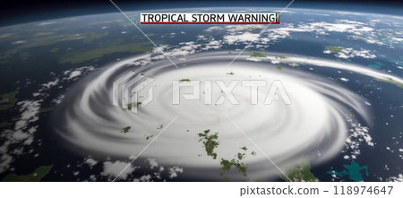 Tropical storm warning. Space view of massive tropical cyclone, swirling clouds over ocean, impending natural disaster, satellite perspective on climate crisis evidence 118974647