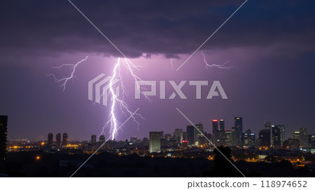 Dramatic lightning strike over city night skyline, thunderstorm power above urban landscape, weather phenomenon in metropolis, bright bolt illuminating buildings 118974652