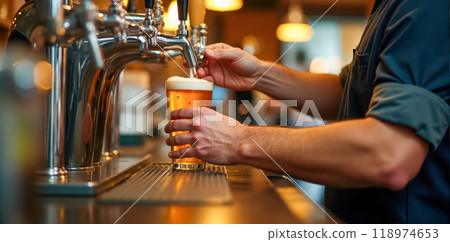 Bartender pouring fresh beer into pint glass, frothy beverage served at pub, close-up of hands and tap, cold drink preparation in bar setting 118974653