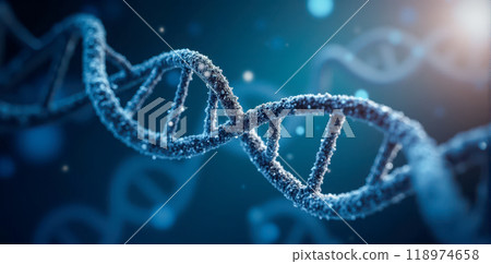 Close-up view of DNA double helix structure in sharp detail against deep blue backdrop for scientific and medical research purposes 118974658