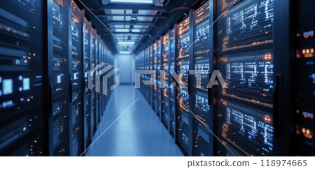 Blue illuminated data center server room, network communication technology, internet hosting service equipment, corporate business cloud storage facility, digital information hub 118974665