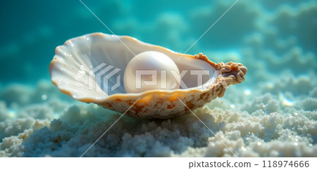 Underwater close-up of pearl in seashell on sandy ground, natural ocean treasure, marine elegance, serene aquatic scene, precious gemstone in mollusk habitat 118974666