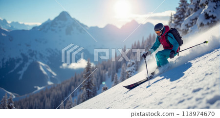 Skier in motion on snowy mountain slope, winter sports, alpine resort, clear blue sky, pine trees, mountain adventure, outdoor activity, fresh snow, scenic view, cold weather, skiing equipment 118974670