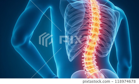 Human anatomy digital illustration showing spine structure in detail for medical educational material, highlighting vertebral column health and chiropractic care 118974678