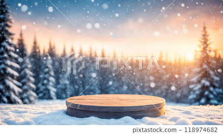 Circular presentation platform outdoors covered in snow. winter forest scene at twilight. highlighting products in peaceful woodland setting during winter season 118974682