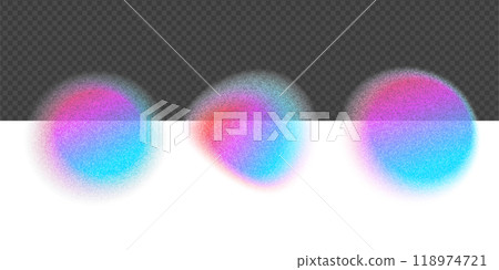 Set of vivid color circle gradient blobs with noise gradation. Abstract colorful watercolor blur mesh on isolated transparent background. Grain neon blob shape png. Eps vector illustration. Set of vivid color circle gradient blobs with noise gradation. Abstract colorful watercolor blur mesh on isolated transparent background. Grain neon blob shape png. Eps vector illustration. 118974721