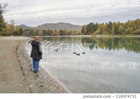 Woman walking along scenic lakeshore with ducks in autumn forest landscape Woman walking along scenic lakeshore with ducks in autumn forest landscape 118974731