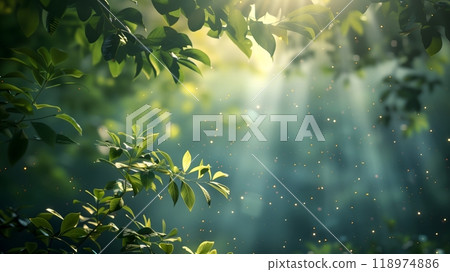 Forest - Sunlight filtering through green leaves in a serene forest, highlighting the natural beauty Forest - Sunlight filtering through green leaves in a serene forest, highlighting the natural beauty 118974886