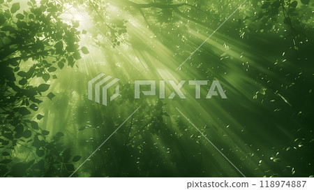 Forest - Sunlight streaming through dense, lush green foliage in a tranquil forest, casting soft light and shadows	 118974887