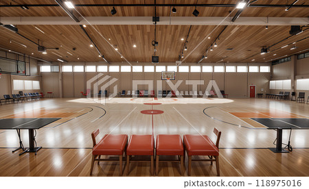 Basketball court with tribune and referee table mockup, front view. 118975016