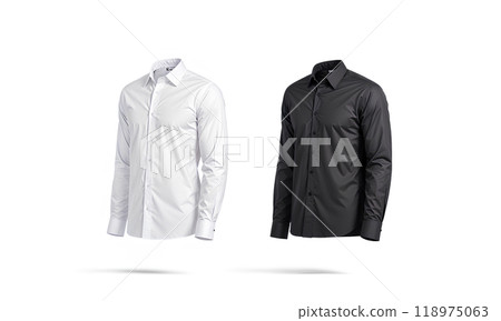 Blank black and white classic shirt mockup set, side view. 118975063