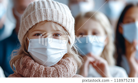 Group of people wearing medical masks, abstract scientific background Group of people wearing medical masks, abstract scientific background 118975238