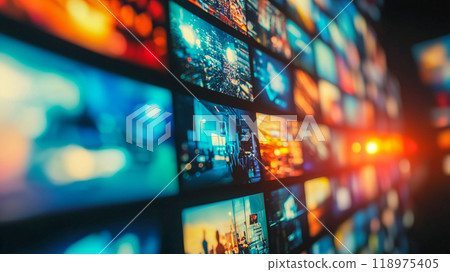 A high-resolution digital screen that displays dynamic video content with a futuristic interface and vibrant colors. 118975405