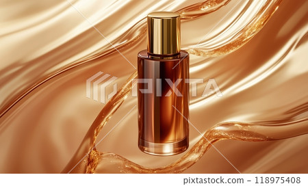 A bottle of brown essence toner with a golden metal cap, surrounded by flowing liquid. A bottle of brown essence toner with a golden metal cap, surrounded by flowing liquid. 118975408