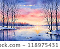 Ice-covered trees, river mist and snow fields shining in the morning sun 118975431