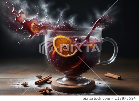 glass with hot mulled wine on black background 118975554